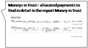 Rechteckige Legende: Moneys in Trust= allocated payments to find in detail in the report Money in Trust
 
